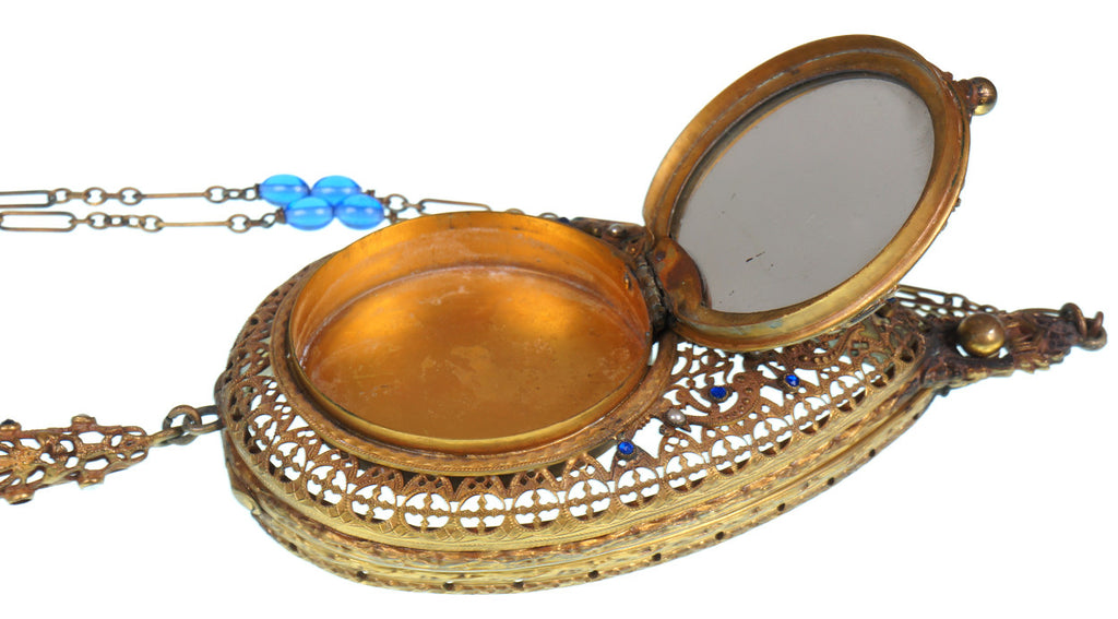 1920s Art Deco Compact Filigree Dance Purse Frame Trinity Plate Ormolu Brass - Poppy's Vintage Clothing