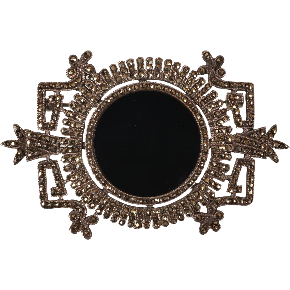 Vintage Art Deco Marcasite and Onyx Brooch Pin - Poppy's Vintage Clothing
