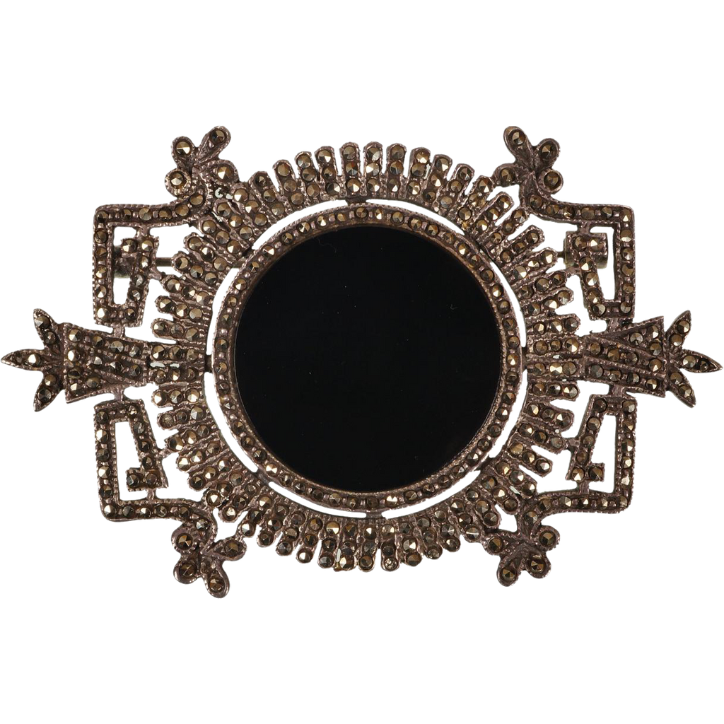 Vintage Art Deco Marcasite and Onyx Brooch Pin - Poppy's Vintage Clothing