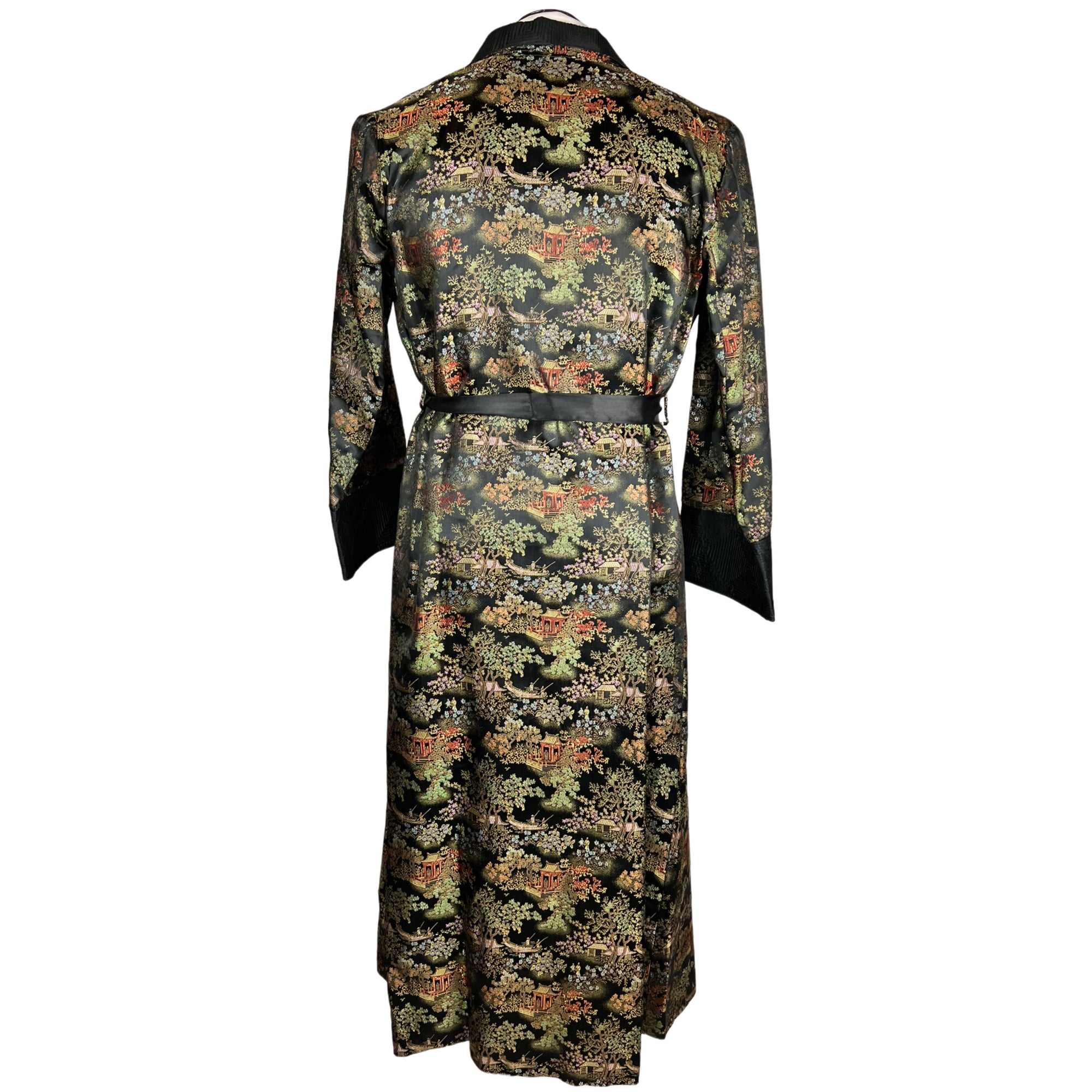 Vintage 1950s Dressing Gown Black Satin Asian Motifs Robe M