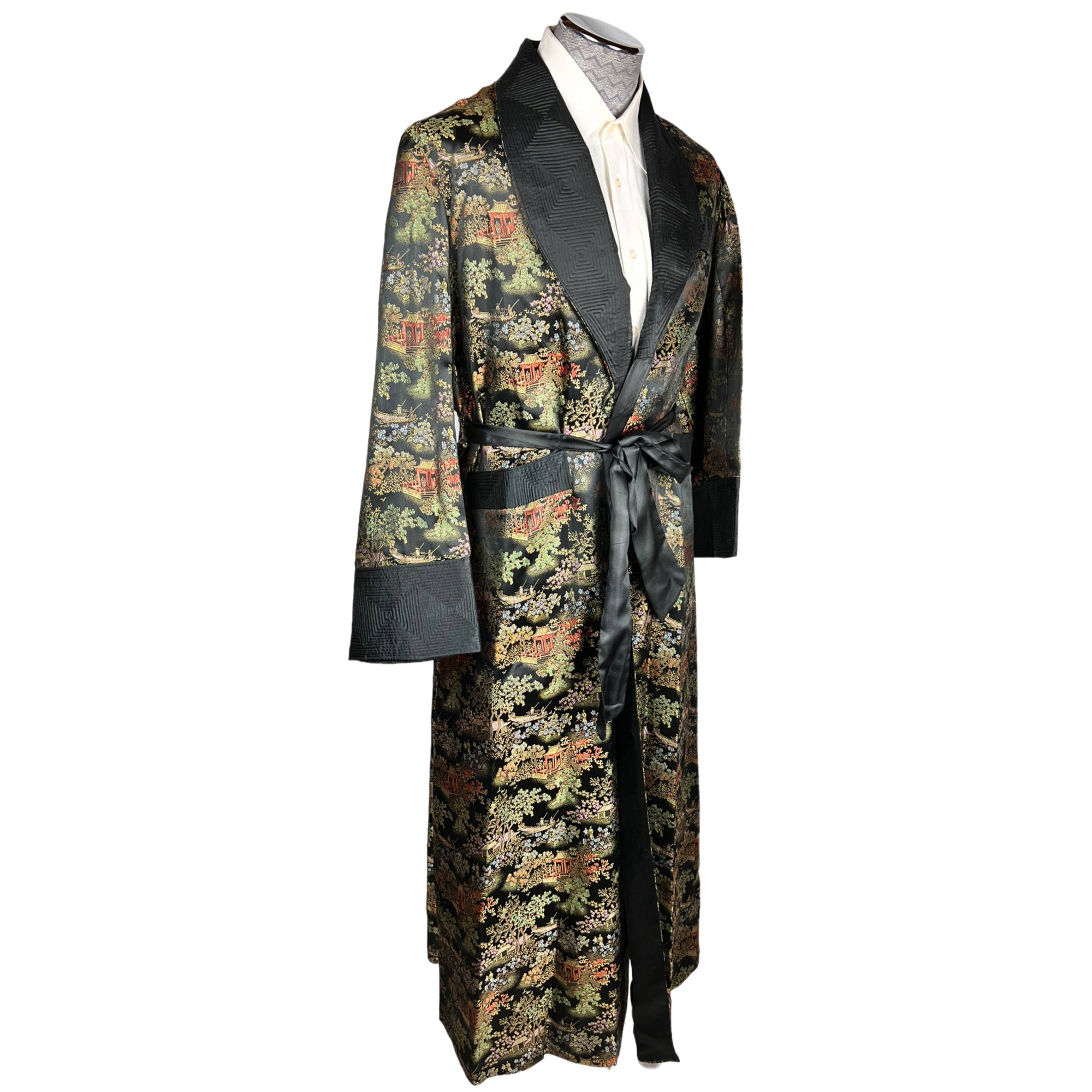 Vintage 1950s Dressing Gown Black Satin Asian Motifs Robe M