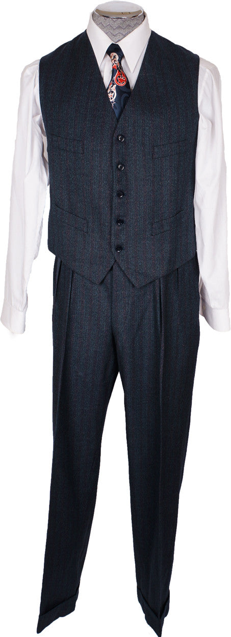 1950s Vintage 3-Piece Suit Hand Tailored Jacket Vest Pants Grey-Blue with Muted Stripe Wool - Poppy's Vintage Clothing