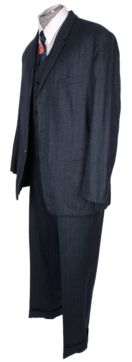 1950s Vintage 3-Piece Suit Hand Tailored Jacket Vest Pants Grey-Blue with Muted Stripe Wool - Poppy's Vintage Clothing