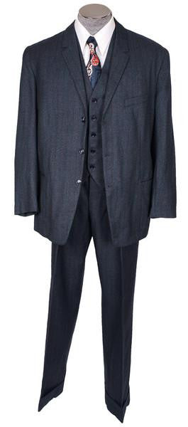 1950s Vintage 3-Piece Suit Hand Tailored Jacket Vest Pants Grey-Blue with Muted Stripe Wool - Poppy's Vintage Clothing