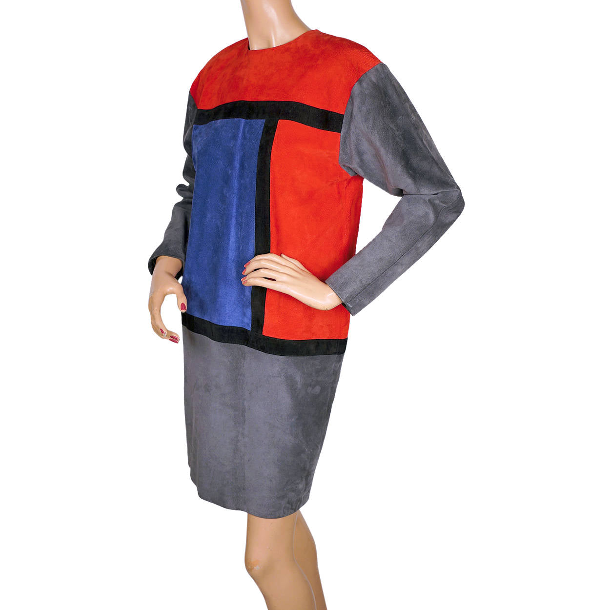 Vintage 1980s Dress Mondrian Colorblock Suede Leather Bagatelle Margaret Godfrey - Poppy's Vintage Clothing