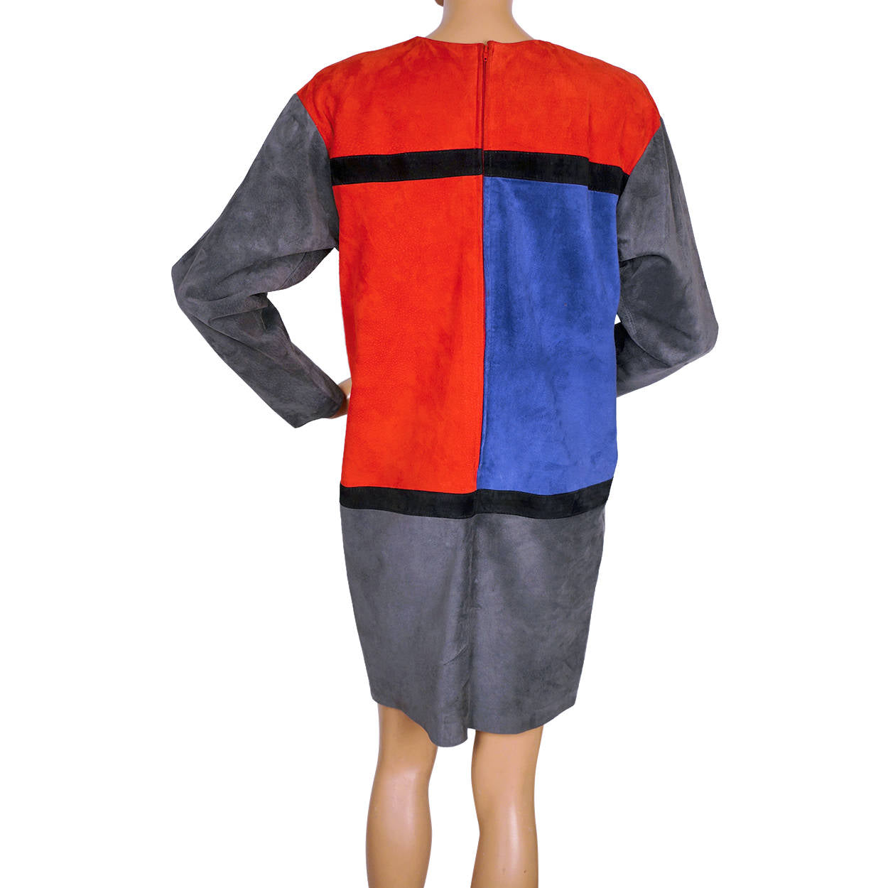 Vintage 1980s Dress Mondrian Colorblock Suede Leather Bagatelle Margaret Godfrey - Poppy's Vintage Clothing
