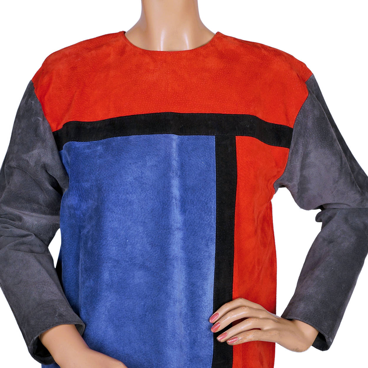Vintage 1980s Dress Mondrian Colorblock Suede Leather Bagatelle Margaret Godfrey - Poppy's Vintage Clothing