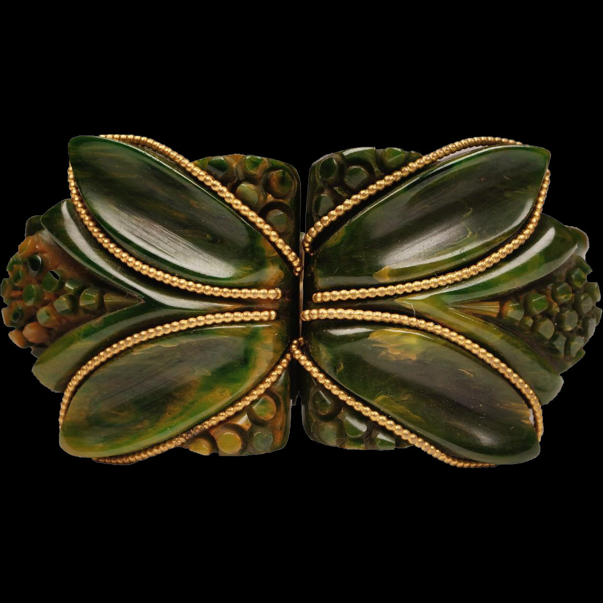 Vintage 1930s Carved Bakelite Clamper Bracelet - Creamed Spinach - Chunky w Gold Accent - Poppy's Vintage Clothing