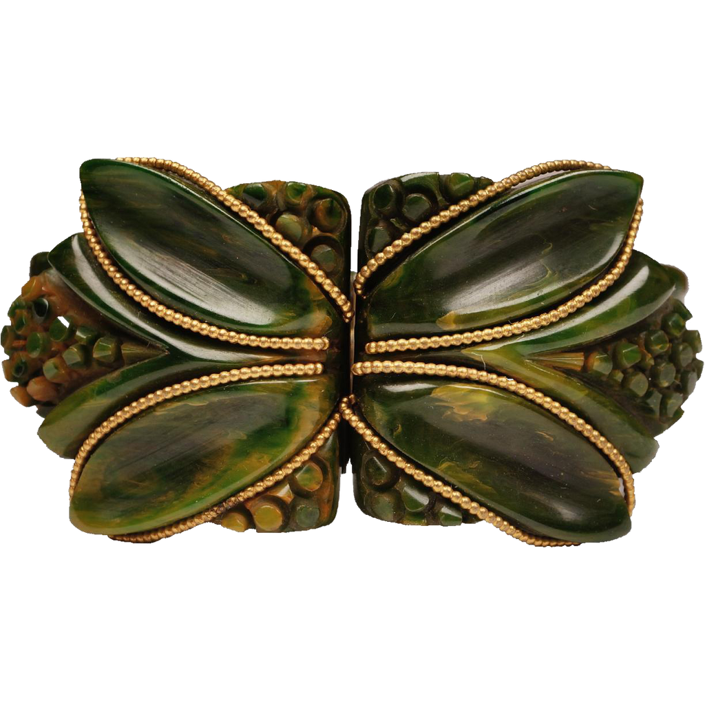 Vintage 1930s Carved Bakelite Clamper Bracelet - Creamed Spinach - Chunky w Gold Accent - Poppy's Vintage Clothing