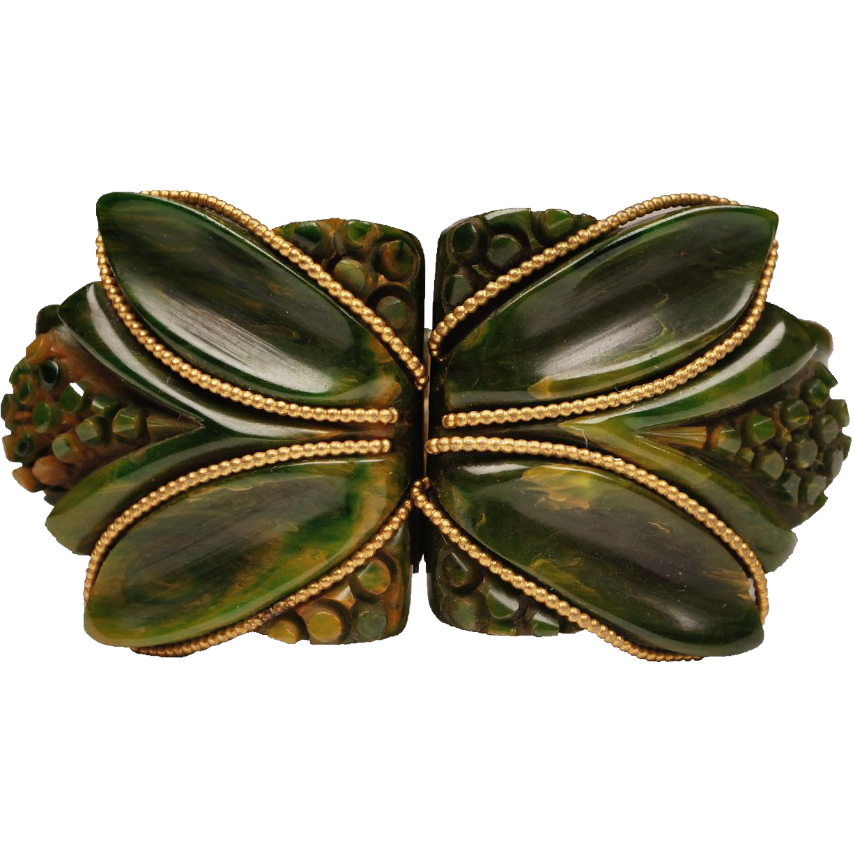 Vintage 1930s Carved Bakelite Clamper Bracelet - Creamed Spinach - Chunky w Gold Accent - Poppy's Vintage Clothing