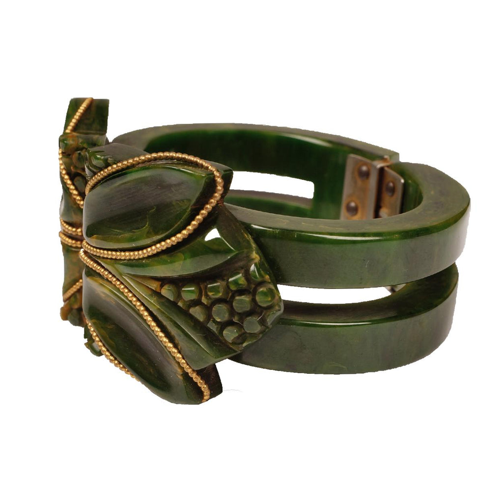 Vintage 1930s Carved Bakelite Clamper Bracelet - Creamed Spinach - Chunky w Gold Accent - Poppy's Vintage Clothing