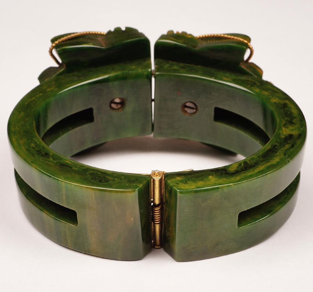 Vintage 1930s Carved Bakelite Clamper Bracelet - Creamed Spinach - Chunky w Gold Accent - Poppy's Vintage Clothing