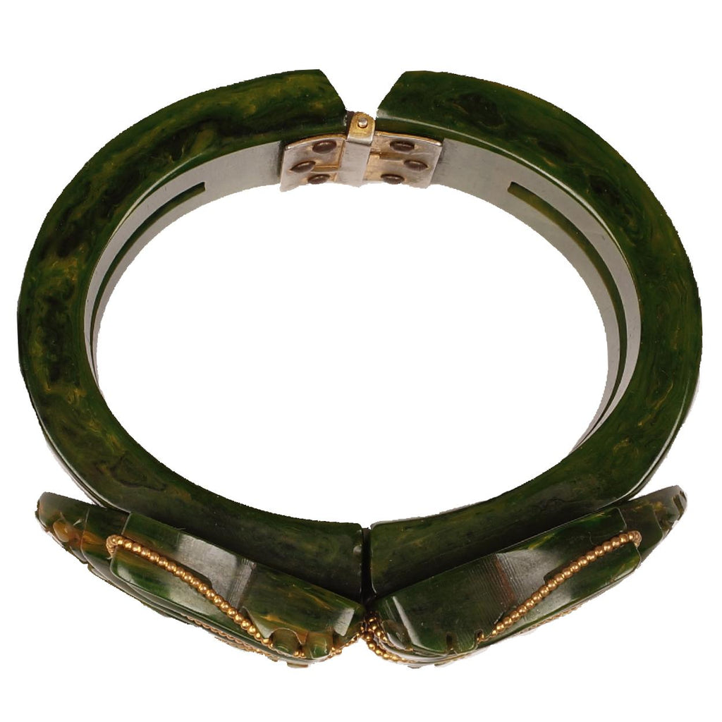 Vintage 1930s Carved Bakelite Clamper Bracelet - Creamed Spinach - Chunky w Gold Accent - Poppy's Vintage Clothing