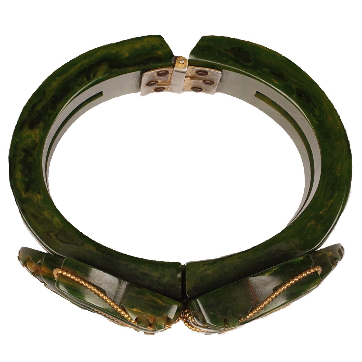 Vintage 1930s Carved Bakelite Clamper Bracelet - Creamed Spinach - Chunky w Gold Accent - Poppy's Vintage Clothing