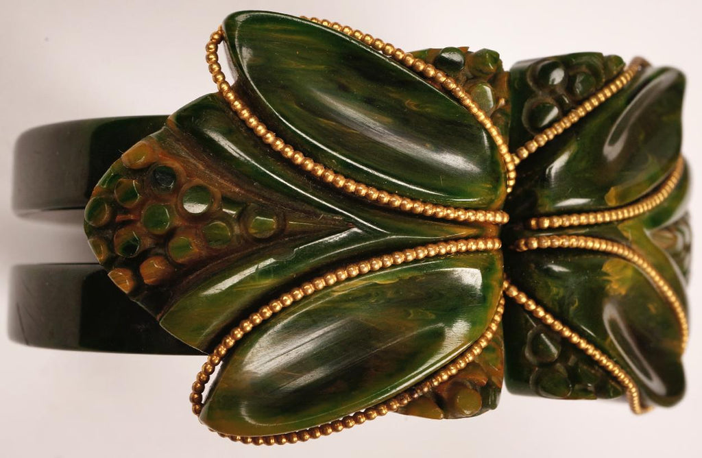 Vintage 1930s Carved Bakelite Clamper Bracelet - Creamed Spinach - Chunky w Gold Accent - Poppy's Vintage Clothing