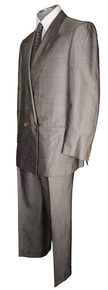 Vintage 1980s Designer Balenciaga Paris Mens Silk Suit Silver Gray - L - Poppy's Vintage Clothing