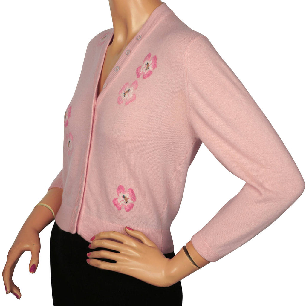 Vintage 1960s Ballantyne Scottish Cashmere Intarsia Sweater Pink Poppies Sz M 36 - Poppy's Vintage Clothing