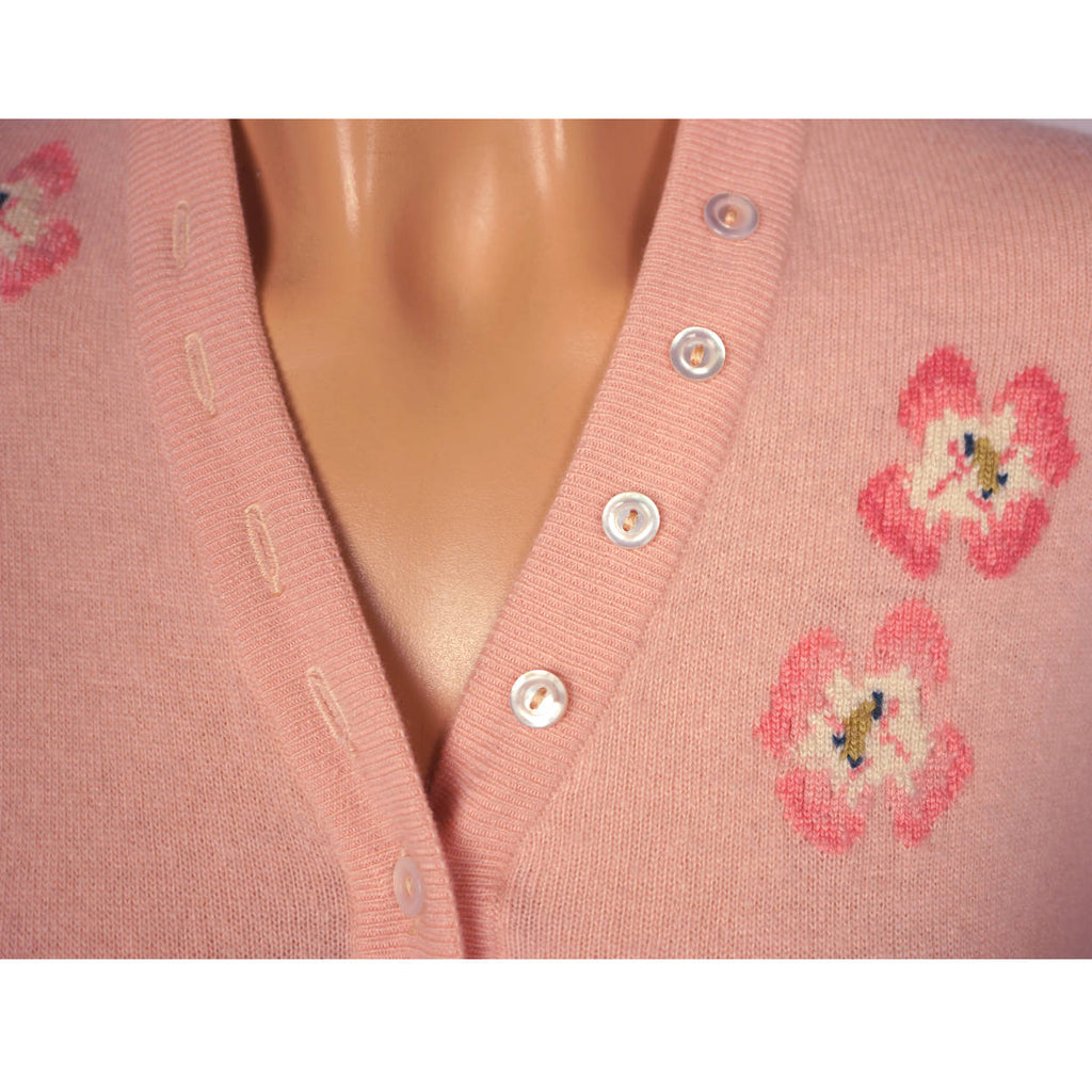 Vintage 1960s Ballantyne Scottish Cashmere Intarsia Sweater Pink Poppies Sz M 36 - Poppy's Vintage Clothing