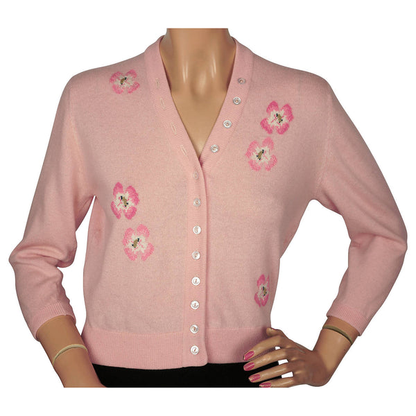 Vintage 1960s Ballantyne Scottish Cashmere Intarsia Sweater Pink Poppies Sz M 36 - Poppy's Vintage Clothing