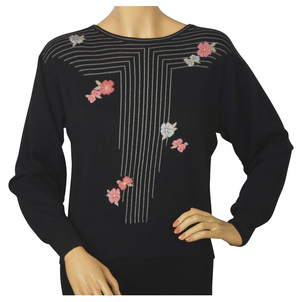 Vintage Ballantyne Scottish Cashmere Pullover Sweater Linear Pattern w Flowers L - Poppy's Vintage Clothing