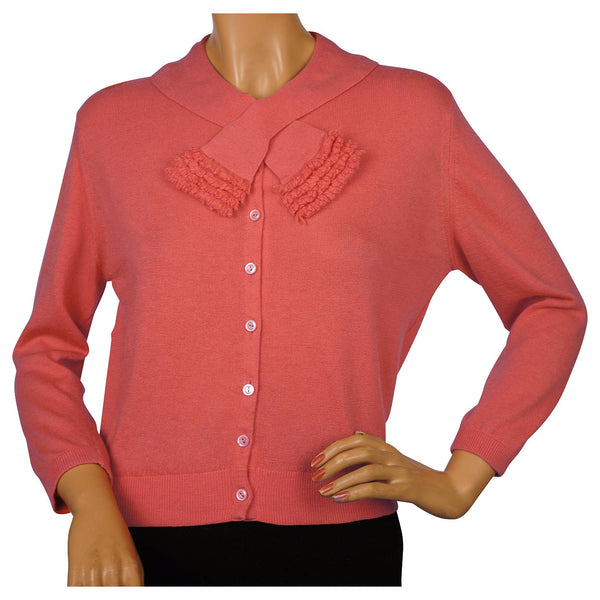 Vintage 1960s Ballantyne Scottish Cashmere Sweater Salmon Pink Cardigan Size M - Poppy's Vintage Clothing