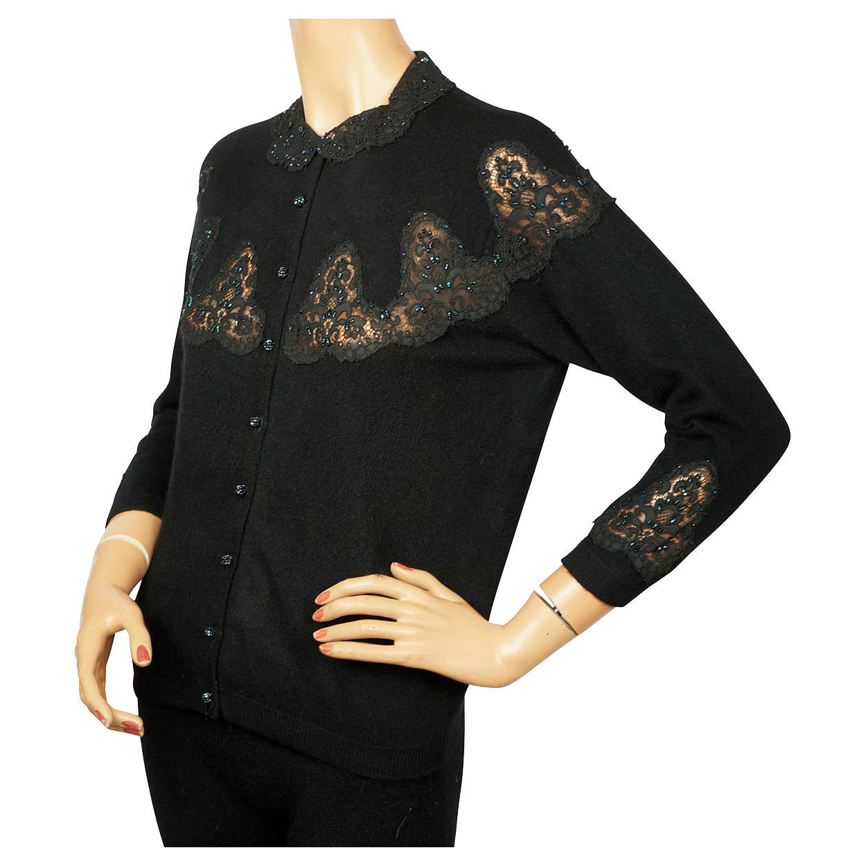 Vintage 1950s Ballantyne Scottish Cashmere Sweater Beaded Lace Insetting Size M - Poppy's Vintage Clothing