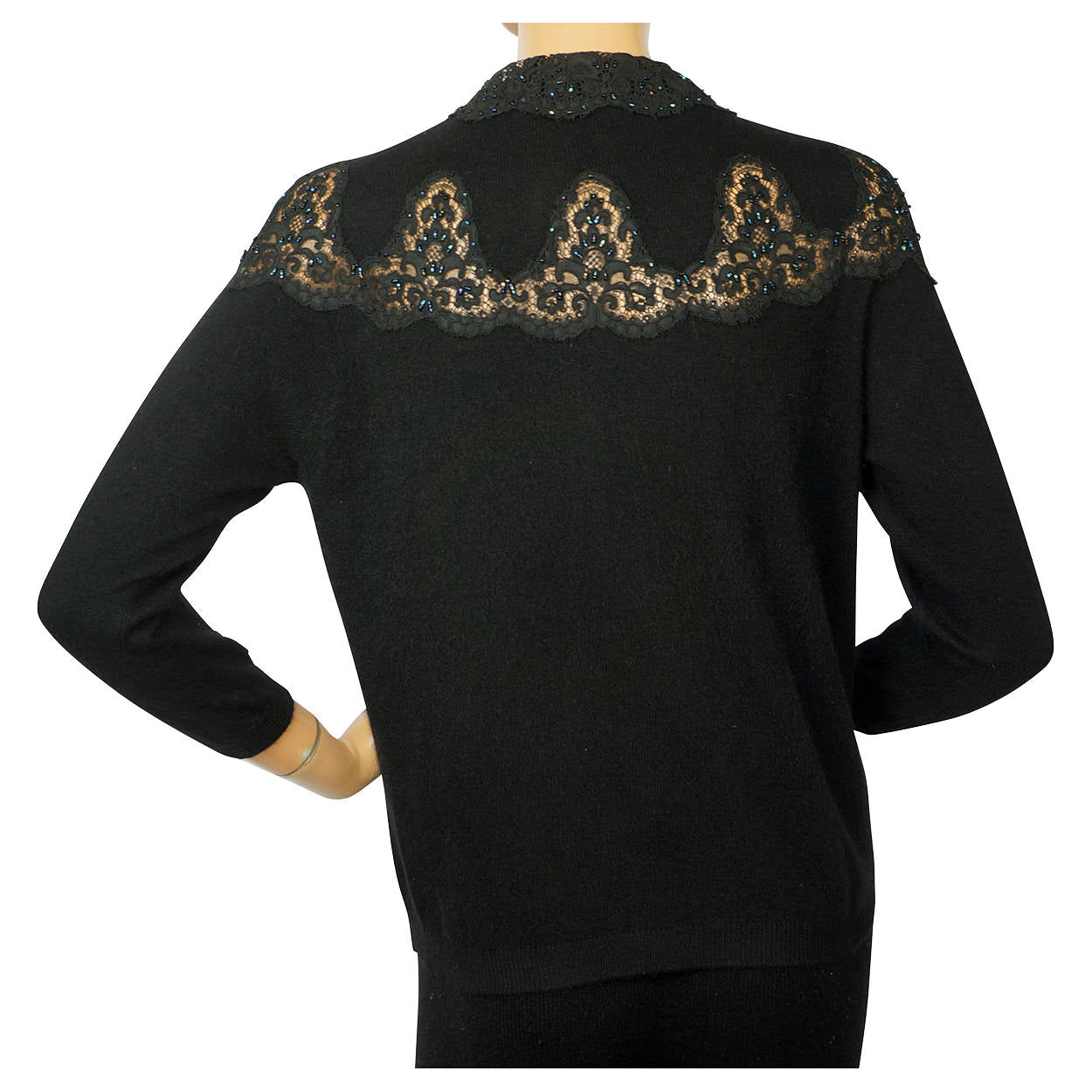 Vintage 1950s Ballantyne Scottish Cashmere Sweater Beaded Lace Insetting Size M - Poppy's Vintage Clothing
