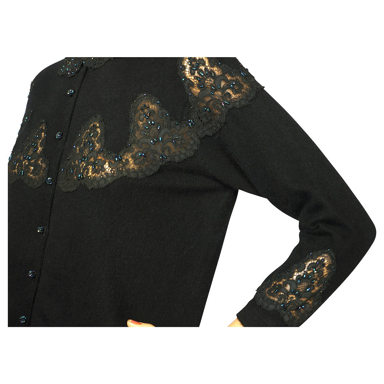 Vintage 1950s Ballantyne Scottish Cashmere Sweater Beaded Lace Insetting Size M - Poppy's Vintage Clothing