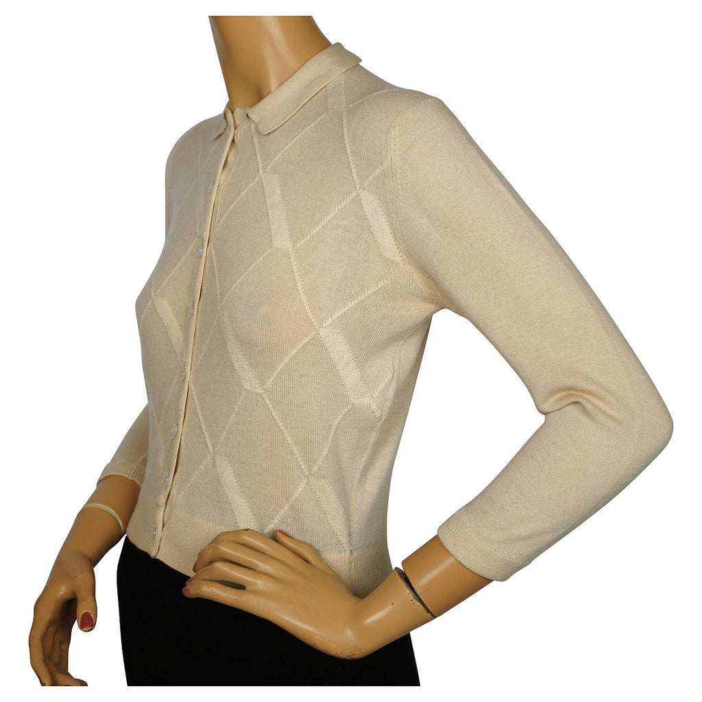 Vintage 1960s Ballantyne Scottish Cashmere Intarsia Sweater Beige Size M 36 - Poppy's Vintage Clothing