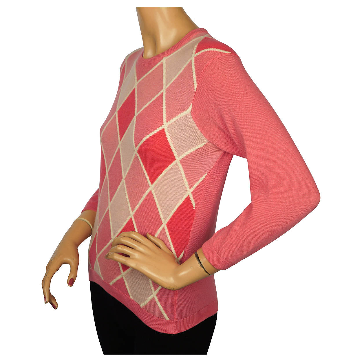 Vintage 1960s Ballantyne Pink Argyle Scottish Cashmere Sweater Pullover Ladies M - Poppy's Vintage Clothing