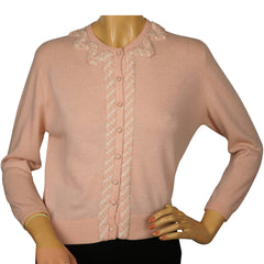 Vintage 1960s Ballantyne Scottish Cashmere Sweater Pink Cardigan Ladies M - Poppy's Vintage Clothing