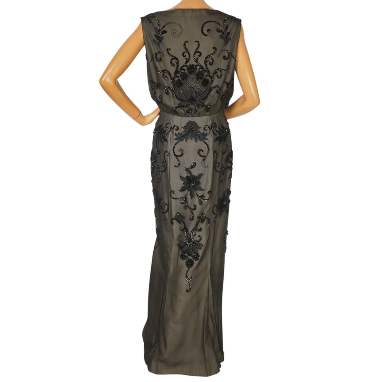 Vintage Pierre Balmain Florilege Evening Gown Black Sequin Net Dress Size M - Poppy's Vintage Clothing