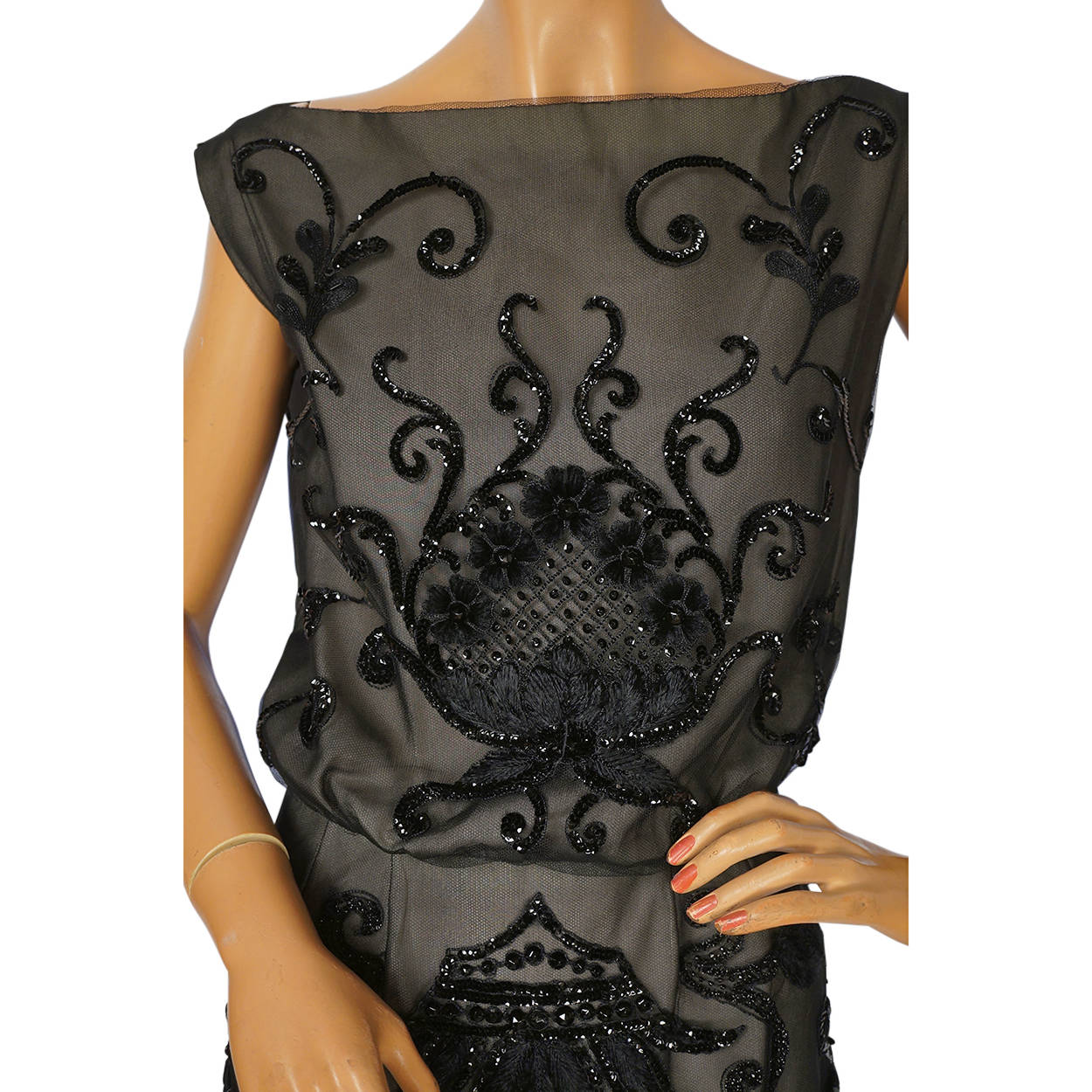 Vintage Pierre Balmain Florilege Evening Gown Black Sequin Net Dress Size M - Poppy's Vintage Clothing