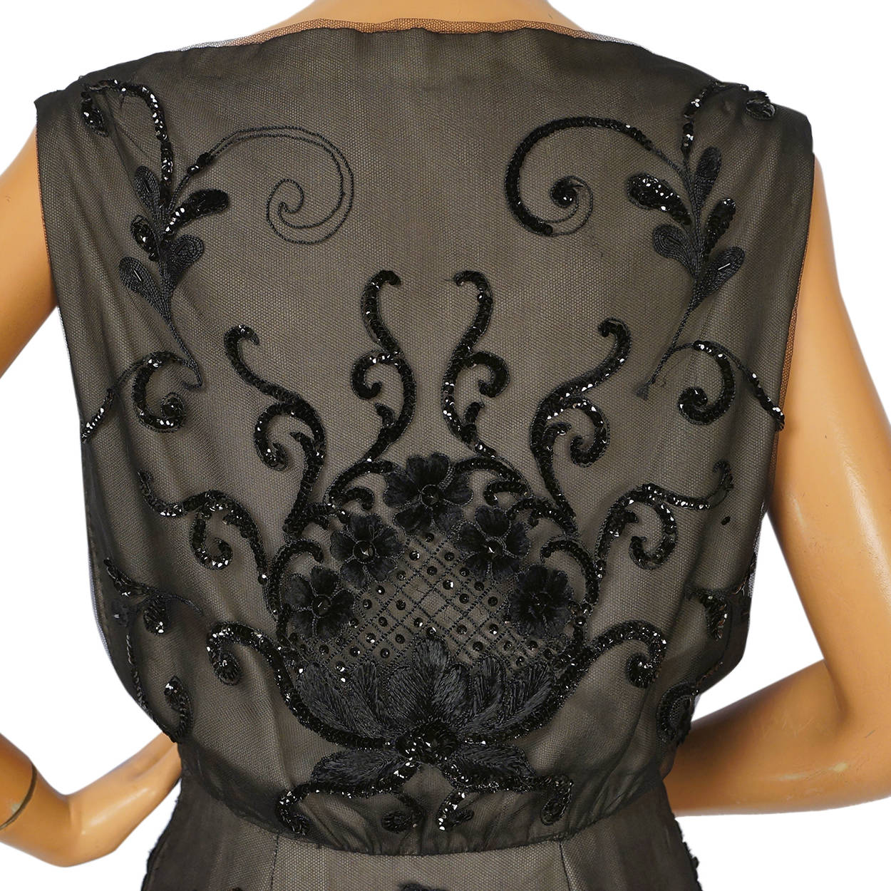 Vintage Pierre Balmain Florilege Evening Gown Black Sequin Net Dress Size M - Poppy's Vintage Clothing