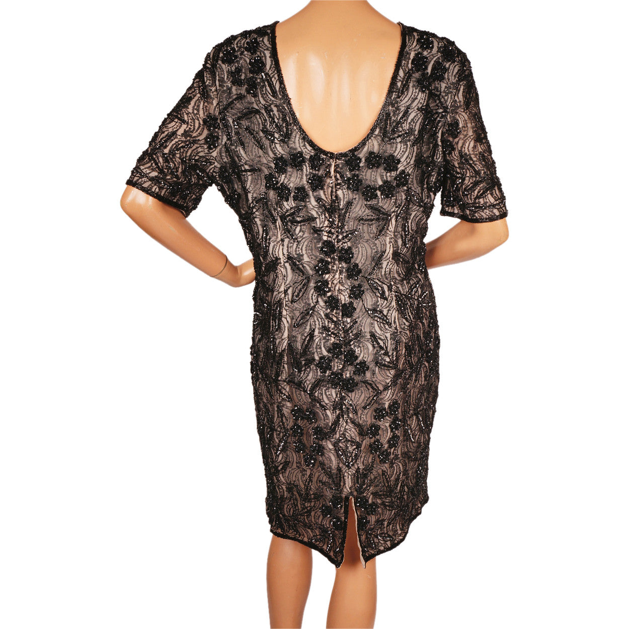 Vintage Black Beaded Lace Dress Size Large XL - Poppy's Vintage Clothing