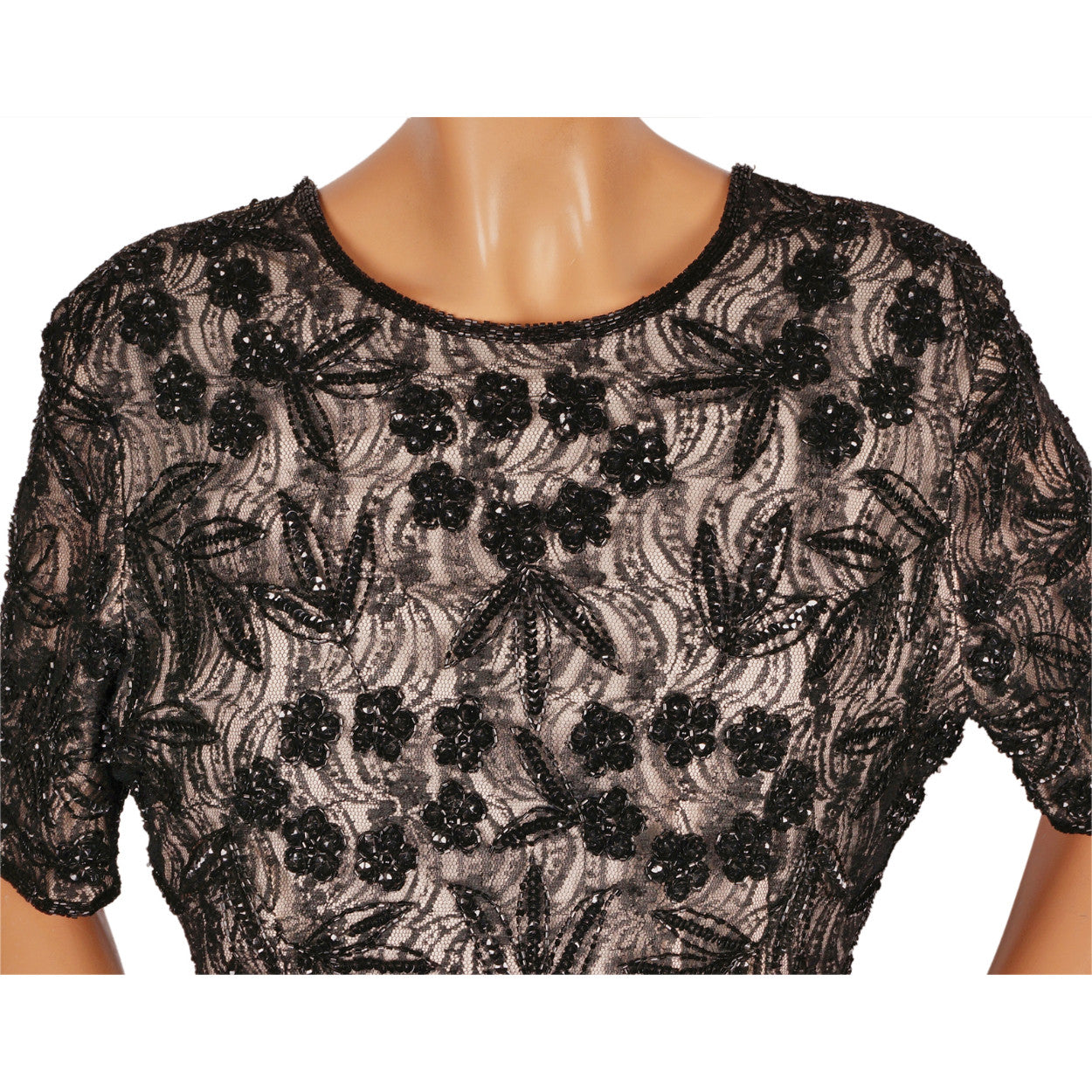 Vintage Black Beaded Lace Dress Size Large XL - Poppy's Vintage Clothing