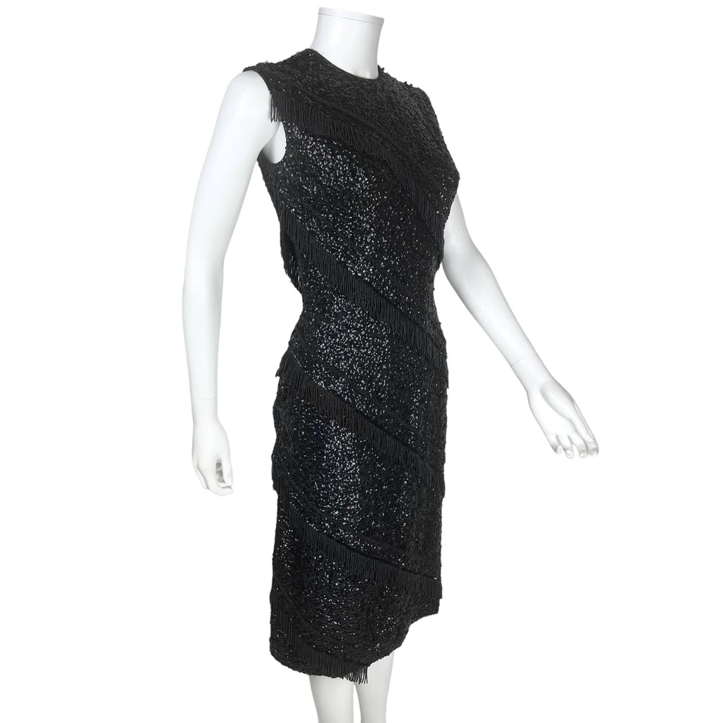 Vintage 1950s Cocktail Dress Black Sequins w Beaded Fringe M