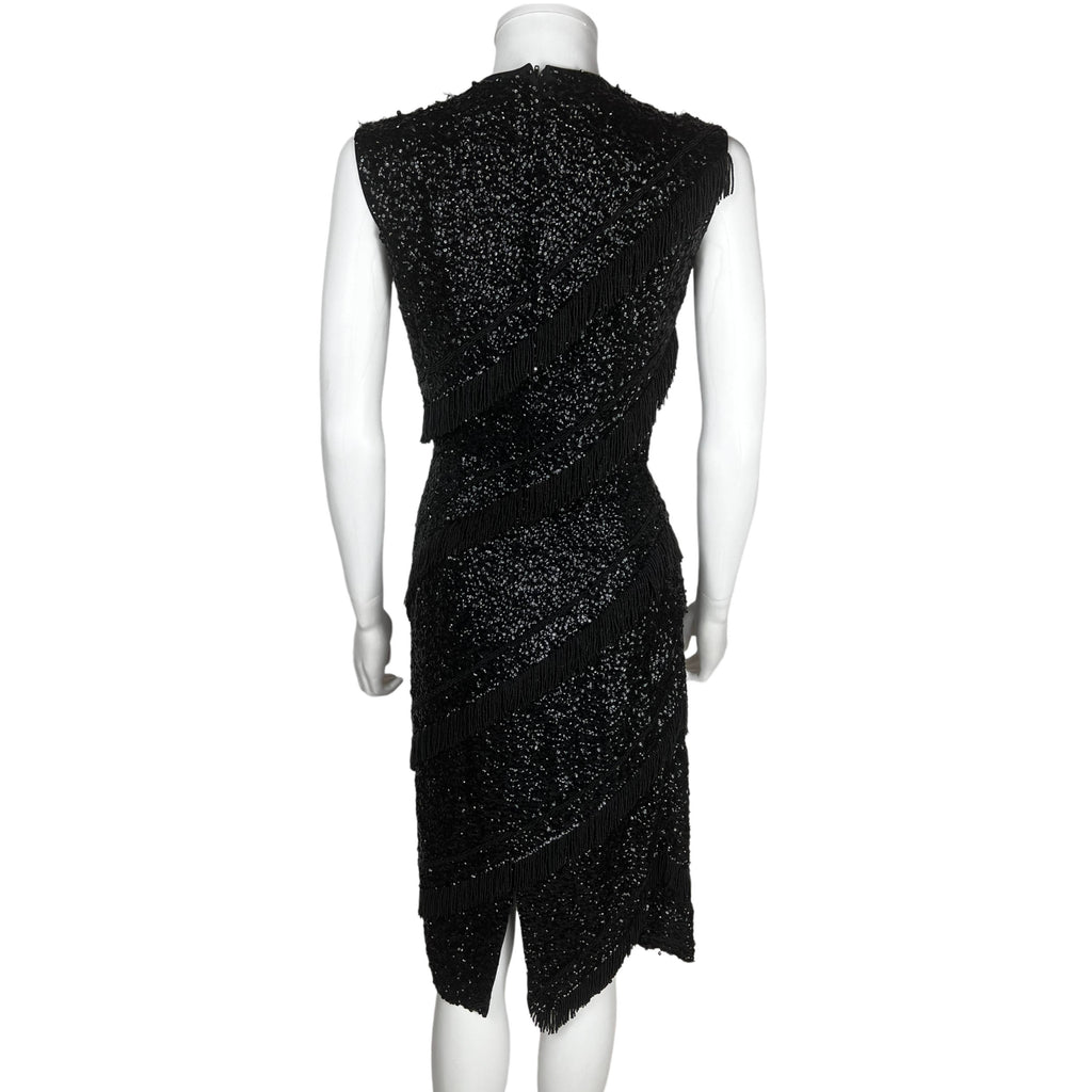 Vintage 1950s Cocktail Dress Black Sequins w Beaded Fringe M