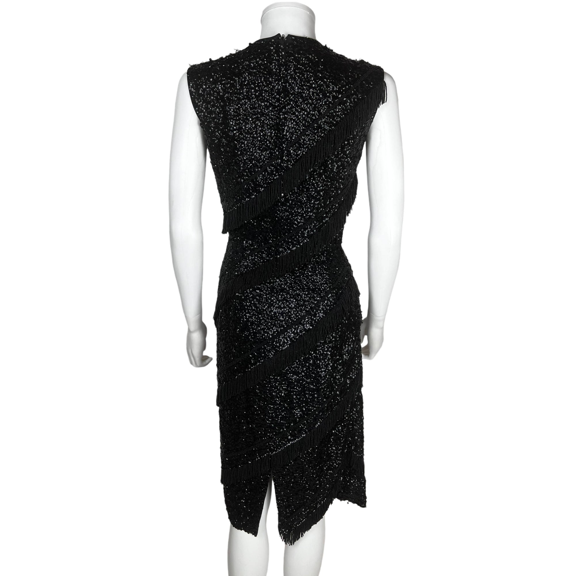 Vintage 1950s Cocktail Dress Black Sequins w Beaded Fringe M