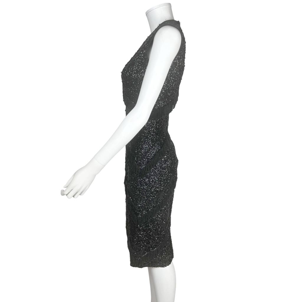 Vintage 1950s Cocktail Dress Black Sequins w Beaded Fringe M