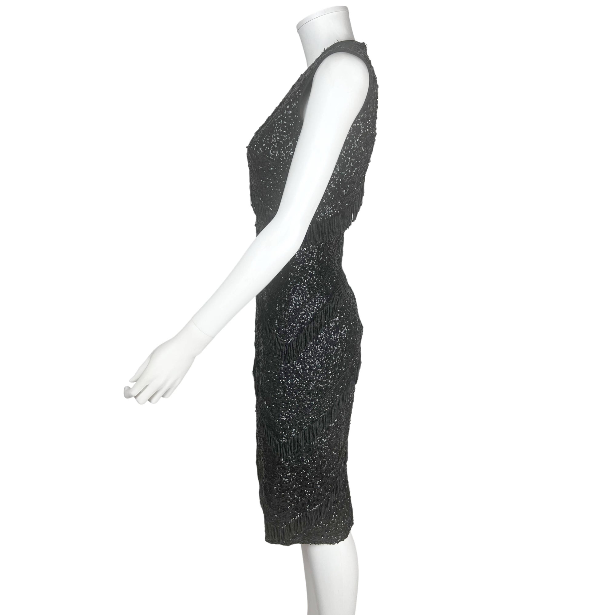 Vintage 1950s Cocktail Dress Black Sequins w Beaded Fringe M