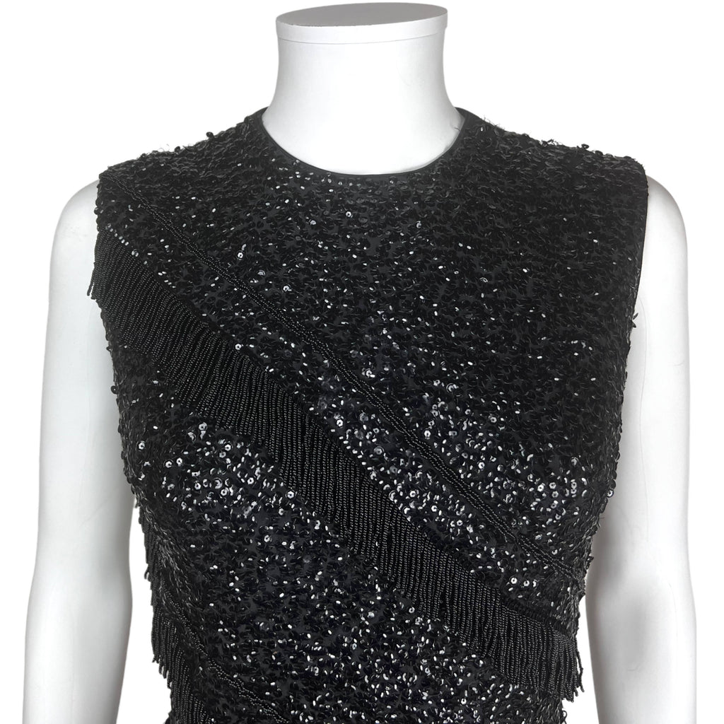 Vintage 1950s Cocktail Dress Black Sequins w Beaded Fringe M