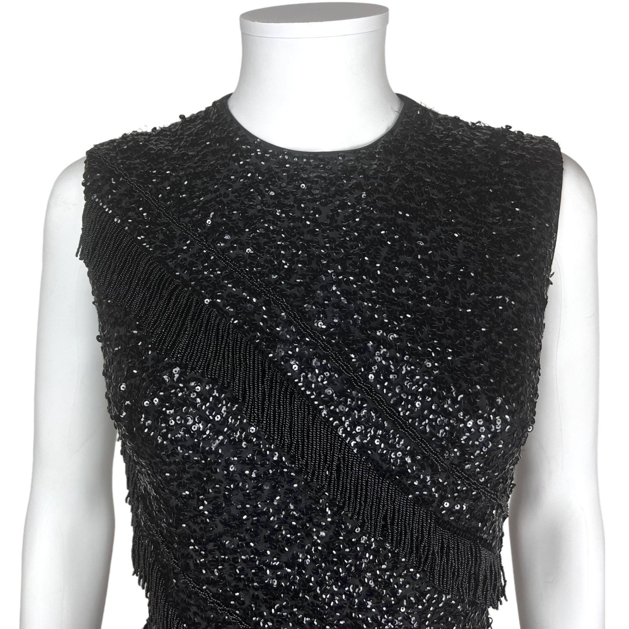 Vintage 1950s Cocktail Dress Black Sequins w Beaded Fringe M