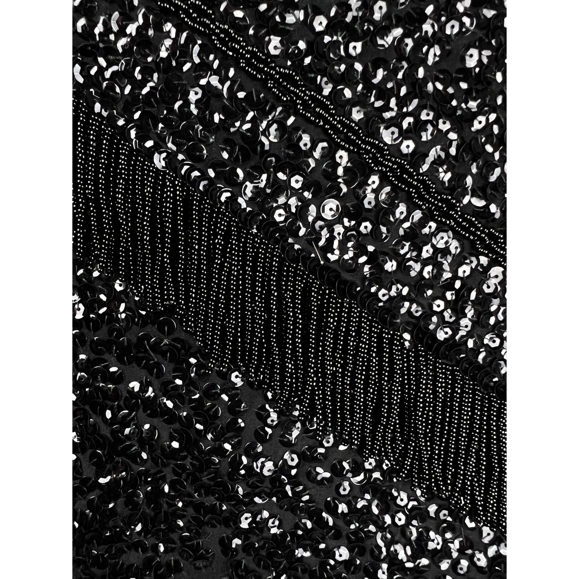 Vintage 1950s Cocktail Dress Black Sequins w Beaded Fringe M