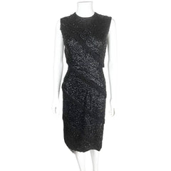 Vintage 1950s Cocktail Dress Black Sequins w Beaded Fringe M