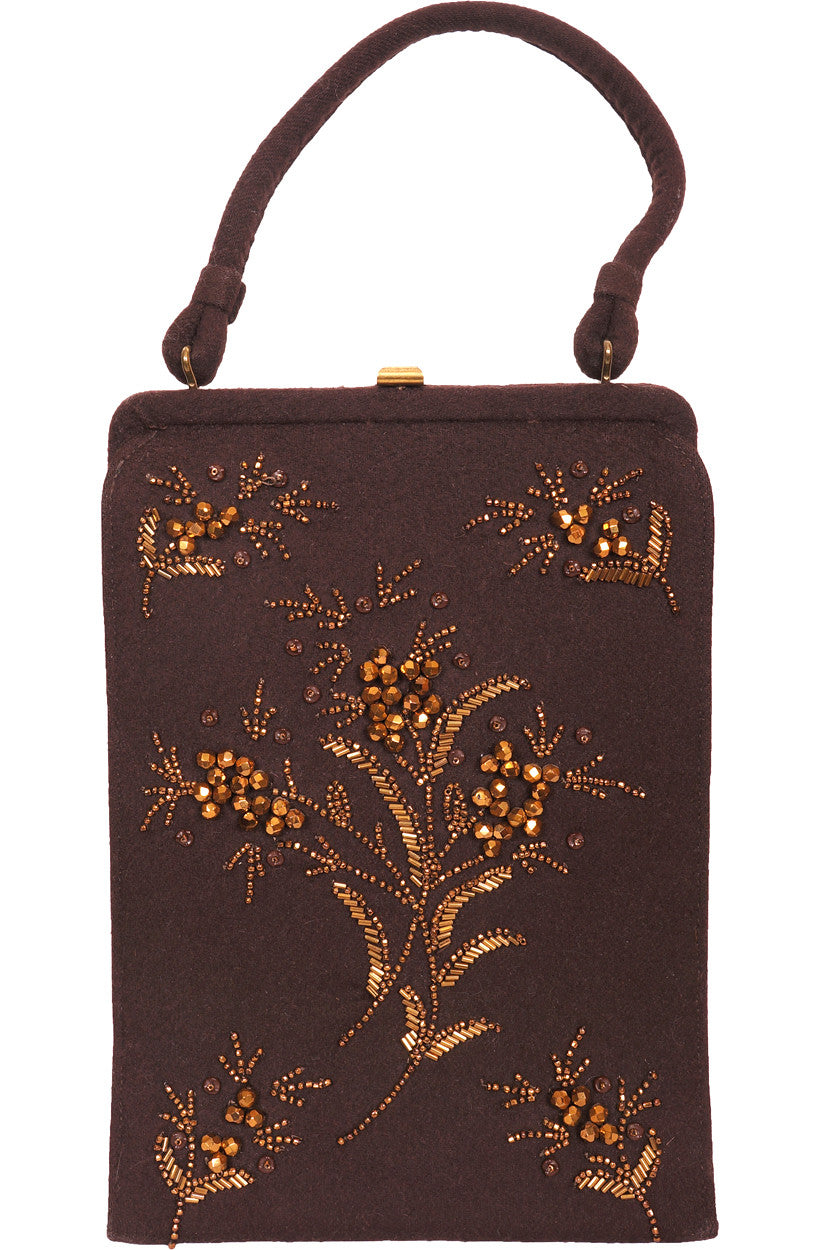 SOLD Vintage 1940s Copper Beaded Brown Handbag Purse by Souré New York - Poppy's Vintage Clothing