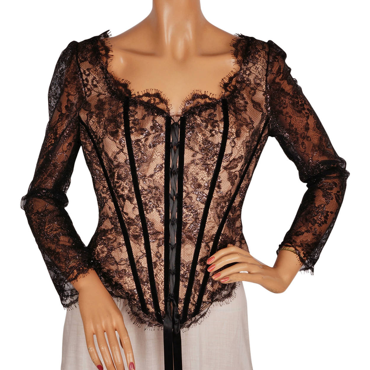 Vintage 1990s Black Lace Corset Top - Bellville Sassoon by Lorcan Mullany - Size M - Poppy's Vintage Clothing