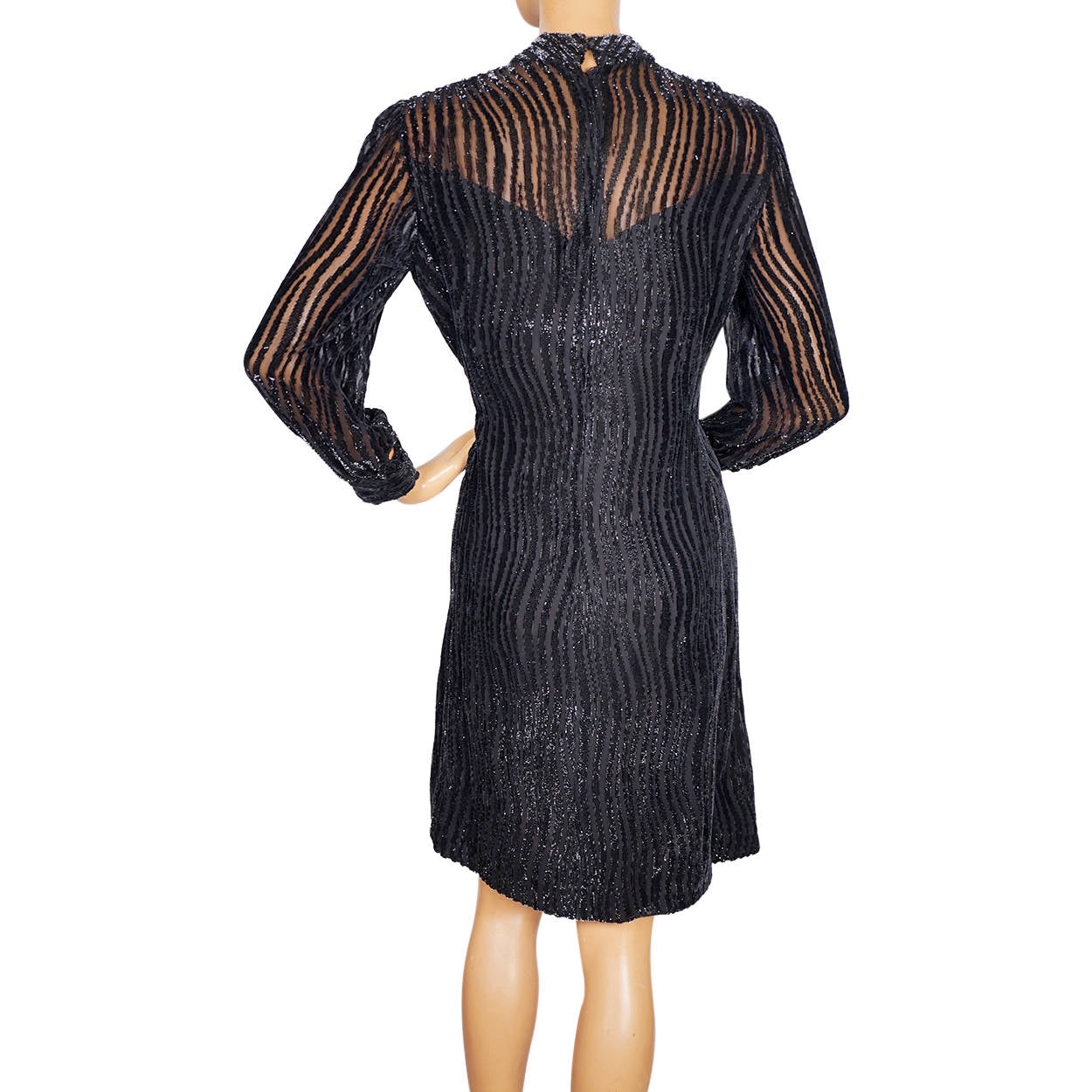 Vintage 1960s Mod Black Striped Silk Devore Velvet Dress - Bianchini Ferier M - Poppy's Vintage Clothing