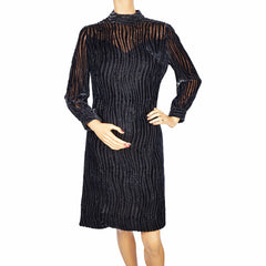 Vintage 1960s Mod Black Striped Silk Devore Velvet Dress - Bianchini Ferier M - Poppy's Vintage Clothing