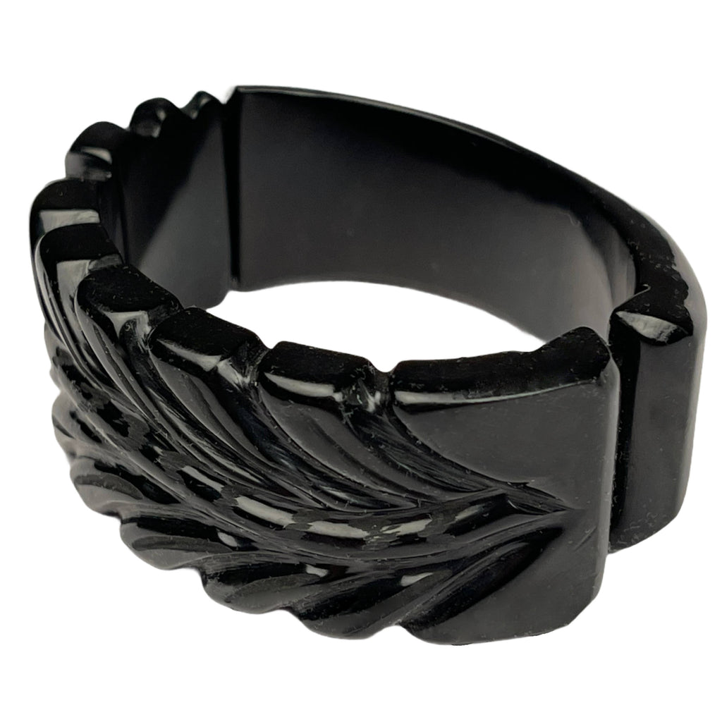 Vintage Black Carved Bakelite Clamper Bracelet